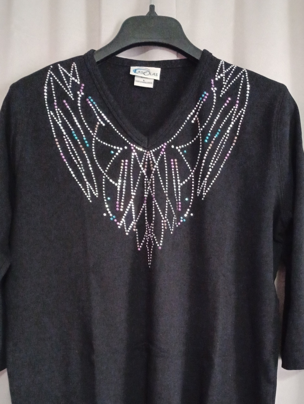 Las Olas Black V-Neck 3/4 Sleeve Combed Cotton Top Silver Teal Purple Rhinestone - Picture 3 of 14